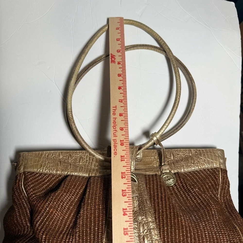 Brahmin Straw Satchel Bag Gold Crocodile Leather Brown Croc Shimmer